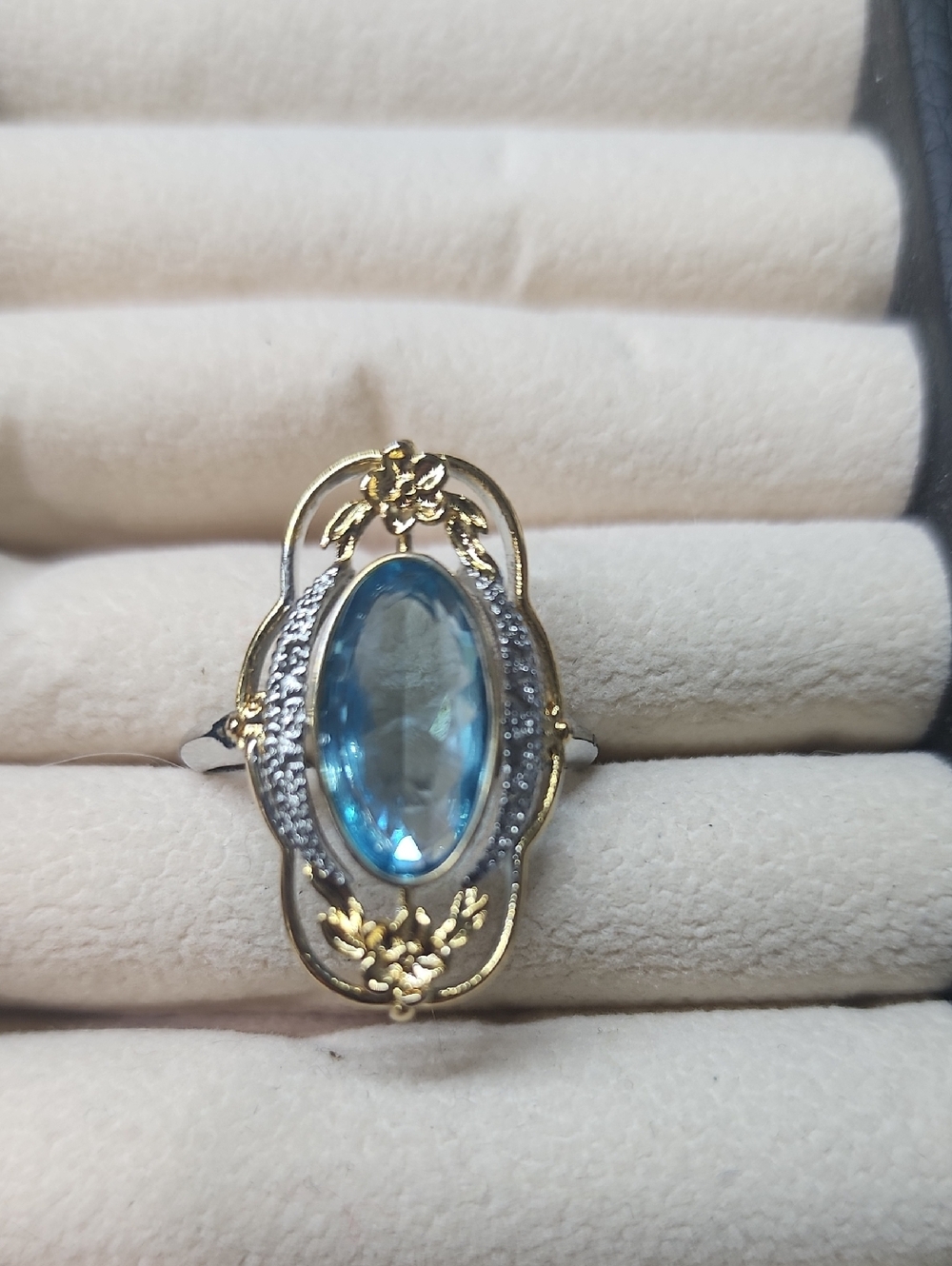Gold & Silver Floral Blue Gemstone Ring - Women Jewelry